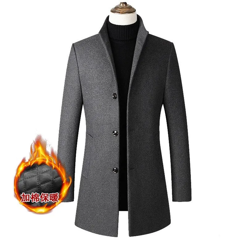 New Brand Autumn Winter 30% Wool Men Thick Coats Stand Collar Male Fashion Wool Blend Jackets Outerwear Smart Casual Trench