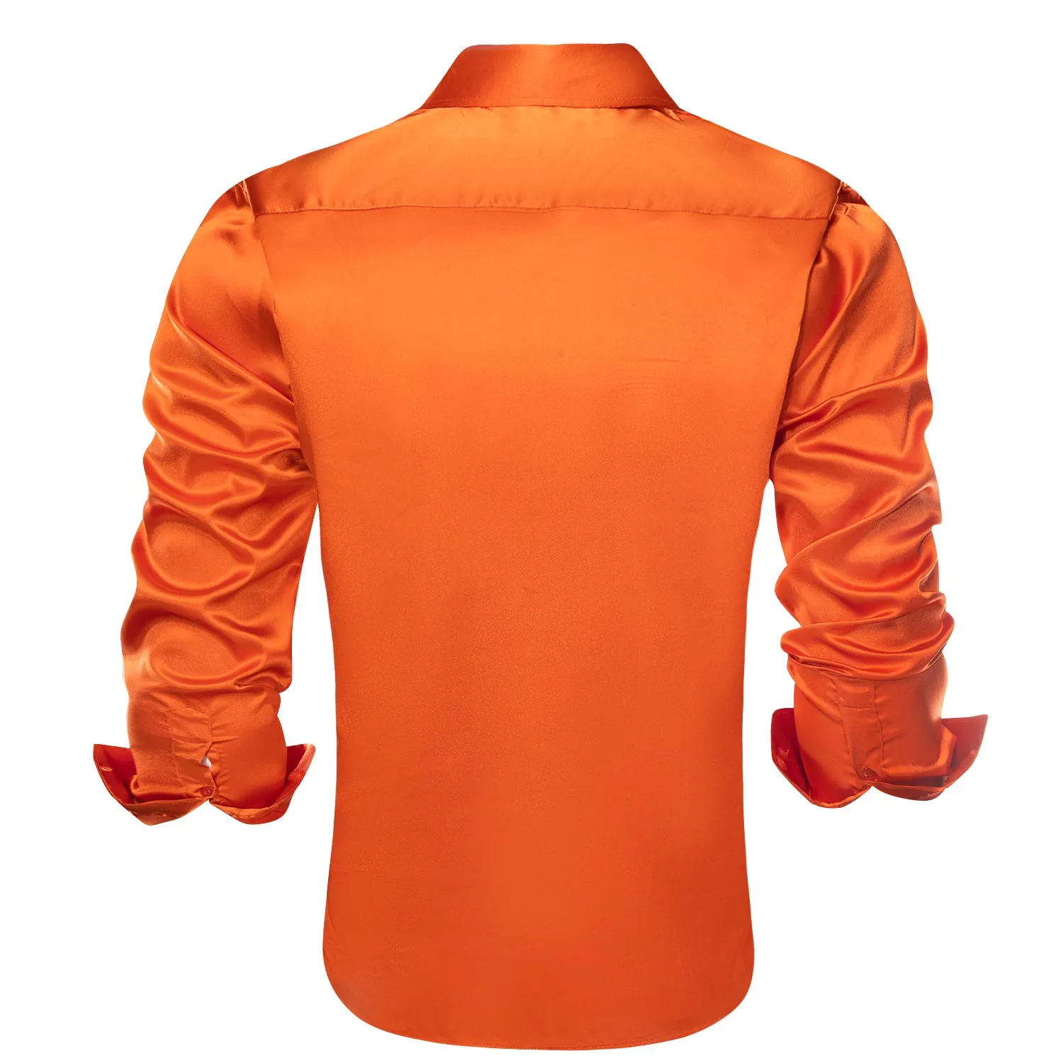 Orange Solid Satin Silk Men's Long Sleeve Dress Shirt