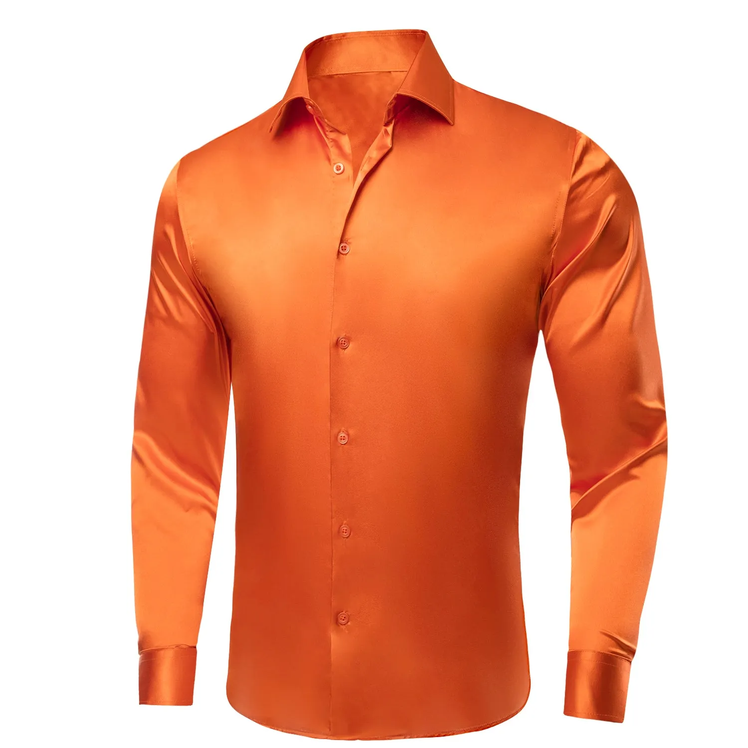 Orange Solid Satin Silk Men's Long Sleeve Dress Shirt