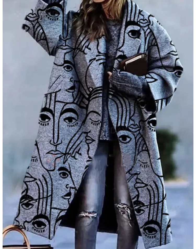 Oversized Abstract Print Long Trench Coat