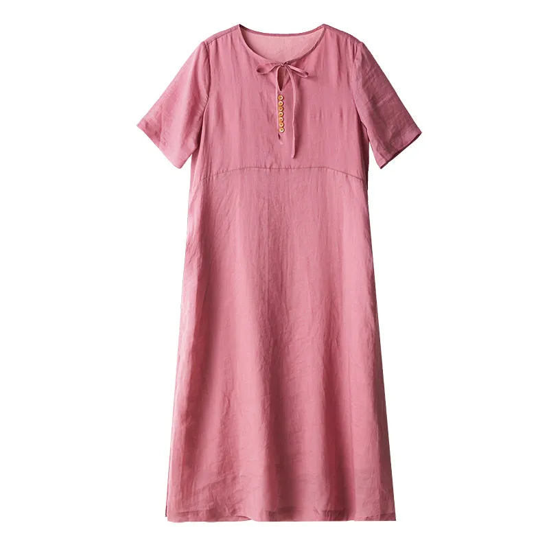 Pink Linen Women Dresses Short Sleeves  Summer Women Dresses XH9626