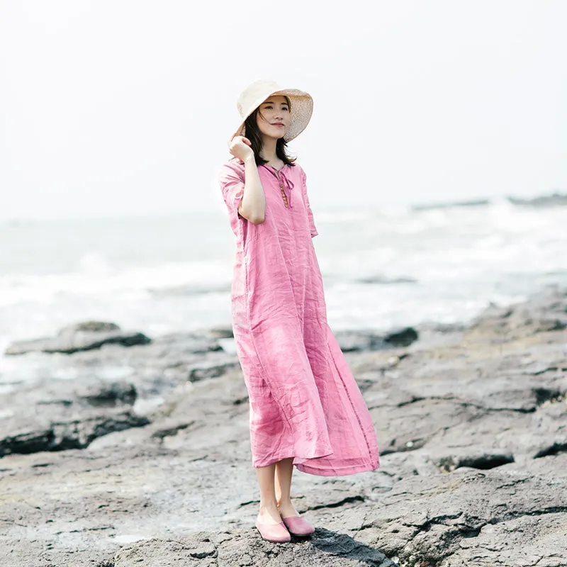 Pink Linen Women Dresses Short Sleeves  Summer Women Dresses XH9626