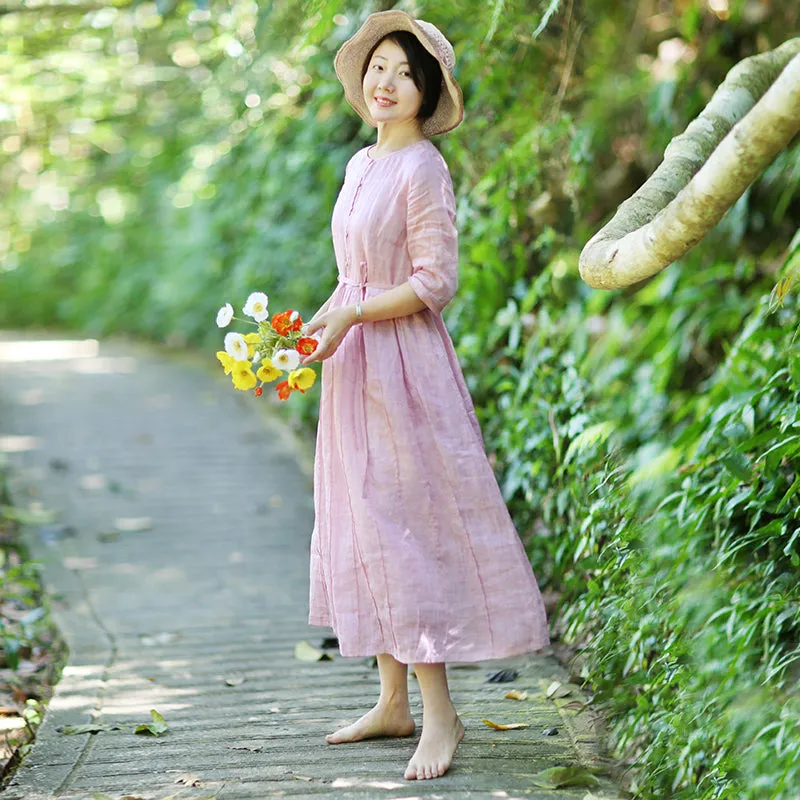 Pink Linen Women Dresses Summer Women Dresses WC961801