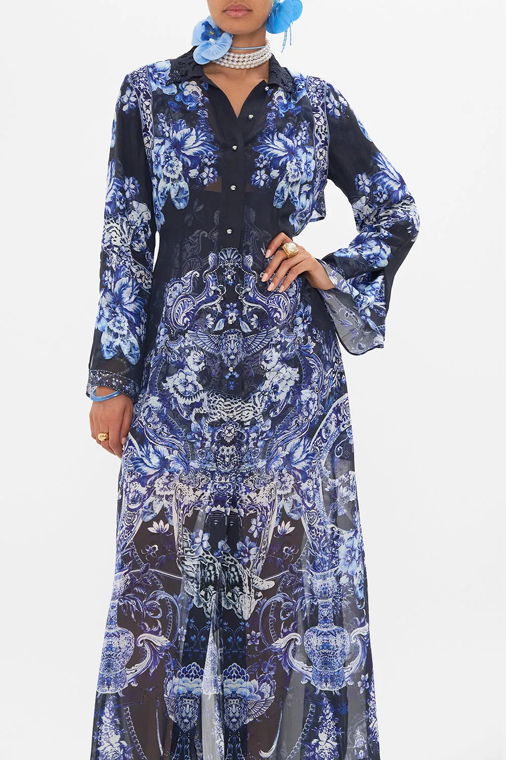 PRINTED TRENCH WITH CUTWORK LACE COLLAR DELFT DYNASTY