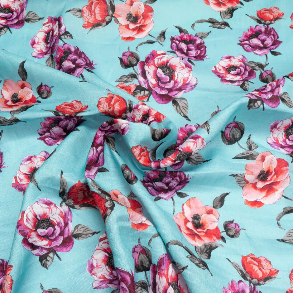 Purple & Red Floral Printed Lightweight Blue Pure Linen