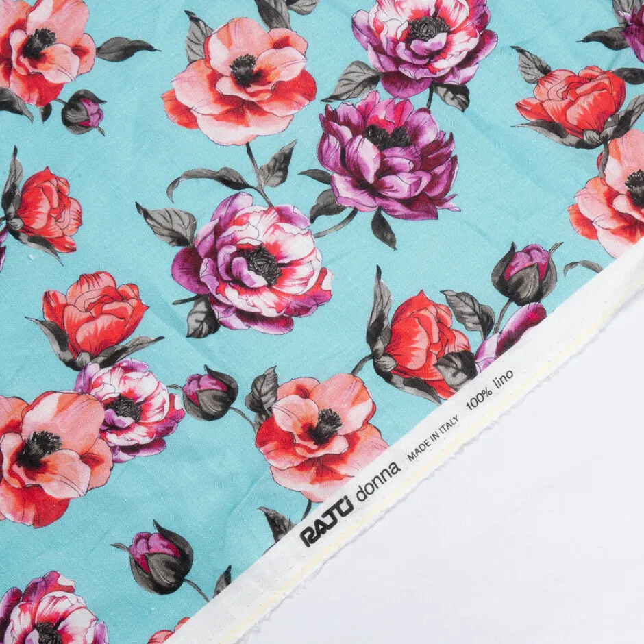 Purple & Red Floral Printed Lightweight Blue Pure Linen