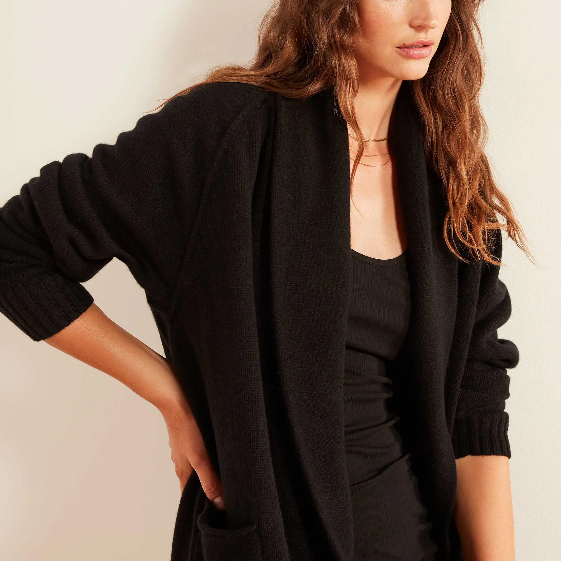 Recycled Cashmere Shawl Collar Cardigan Sweater - Black