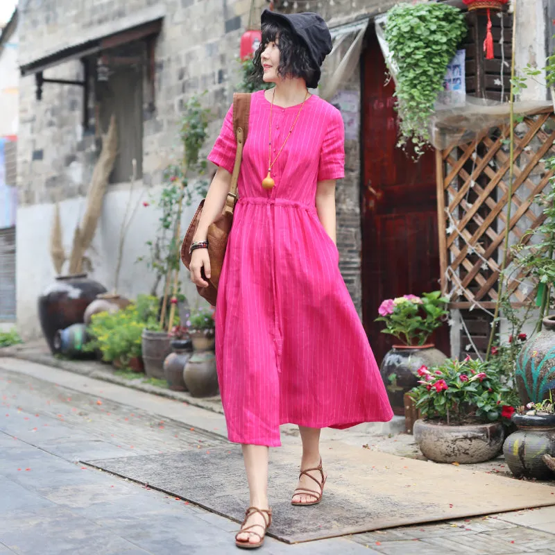 Red Stripe Linen Women Dresses Spring Summer Women Dresses WC961802