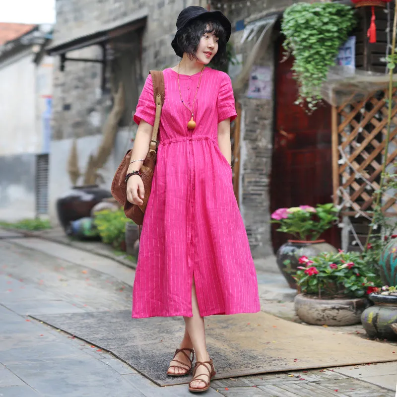 Red Stripe Linen Women Dresses Spring Summer Women Dresses WC961802