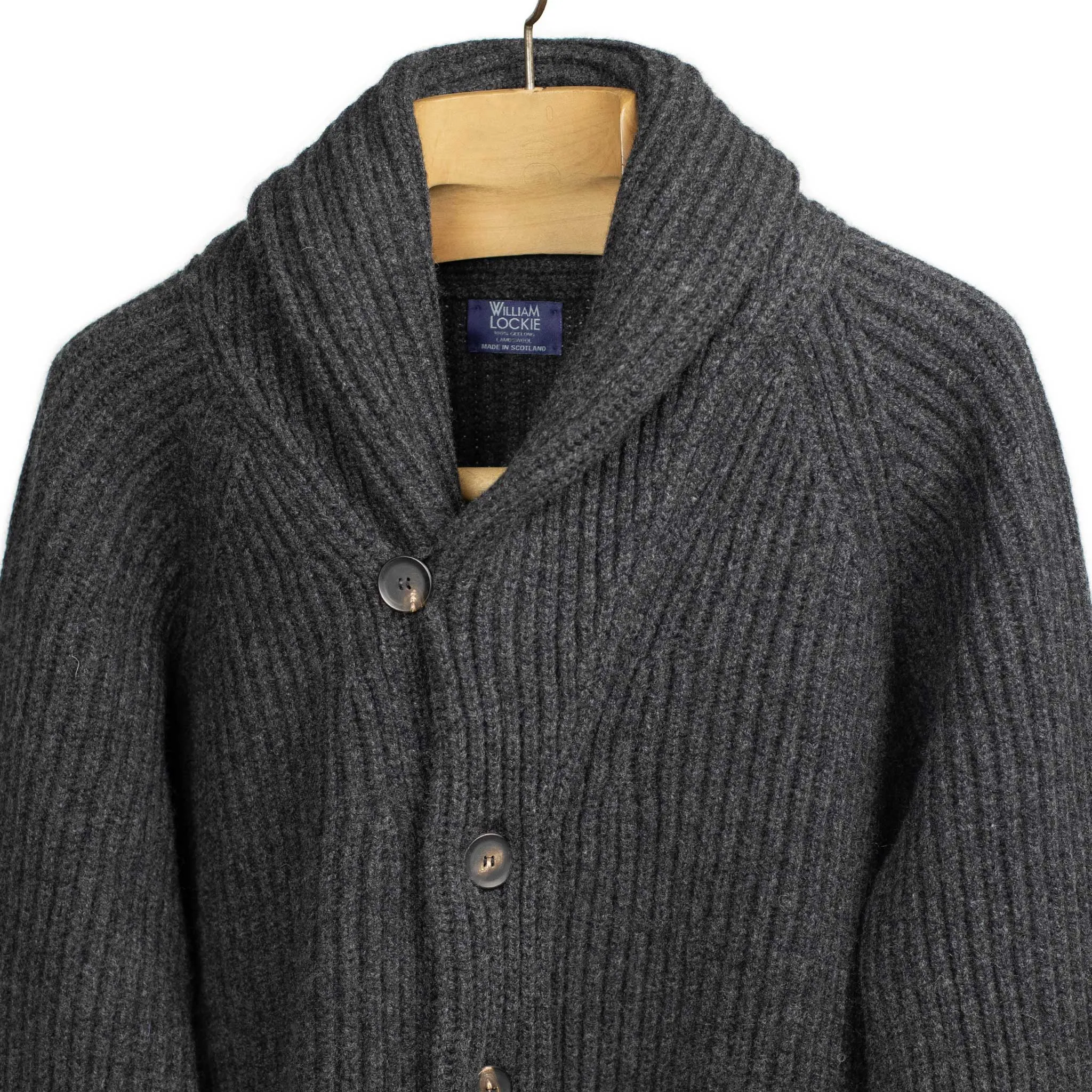 Shawl collar 4-ply cardigan jacket in Charcoal grey supergeelong lambswool