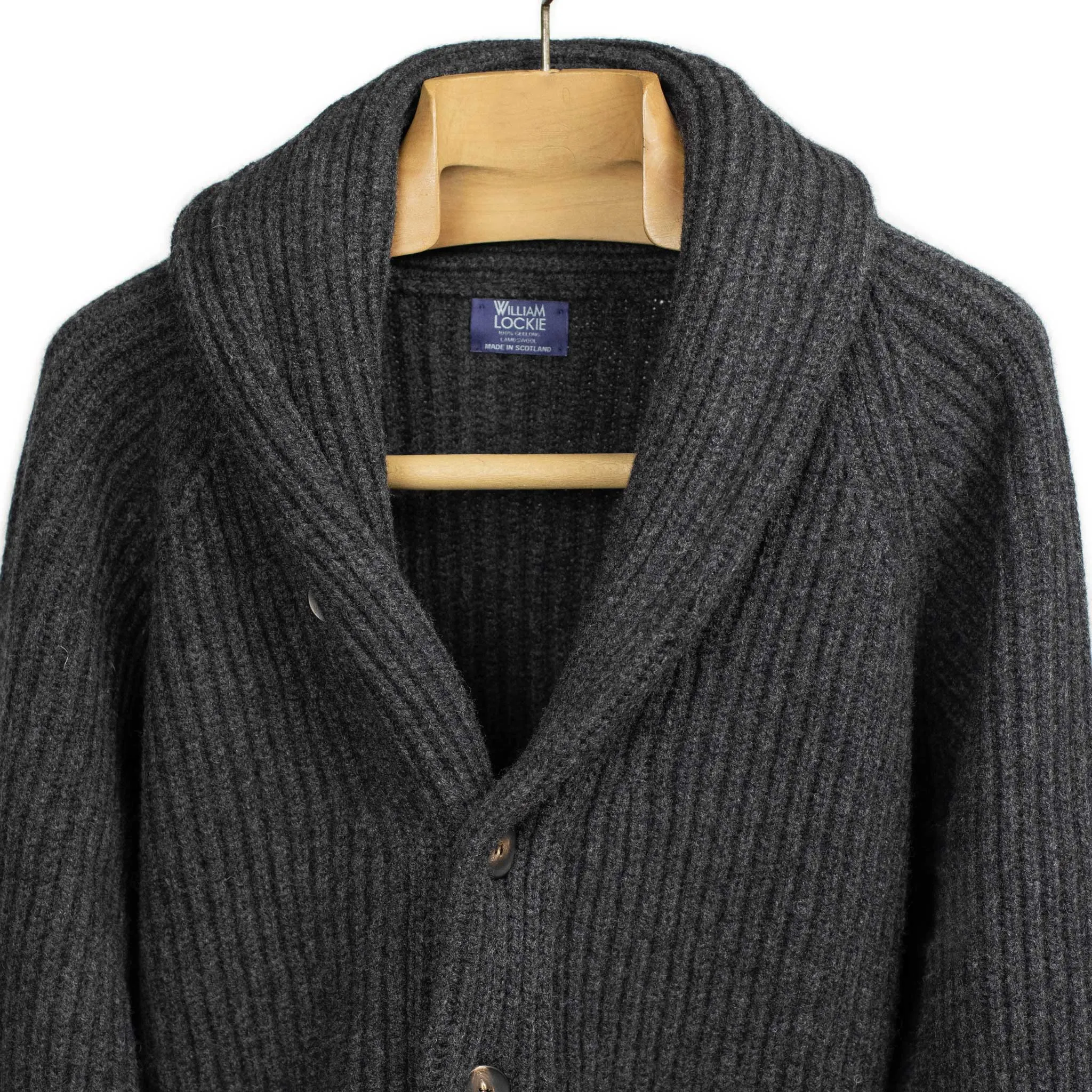 Shawl collar 4-ply cardigan jacket in Charcoal grey supergeelong lambswool