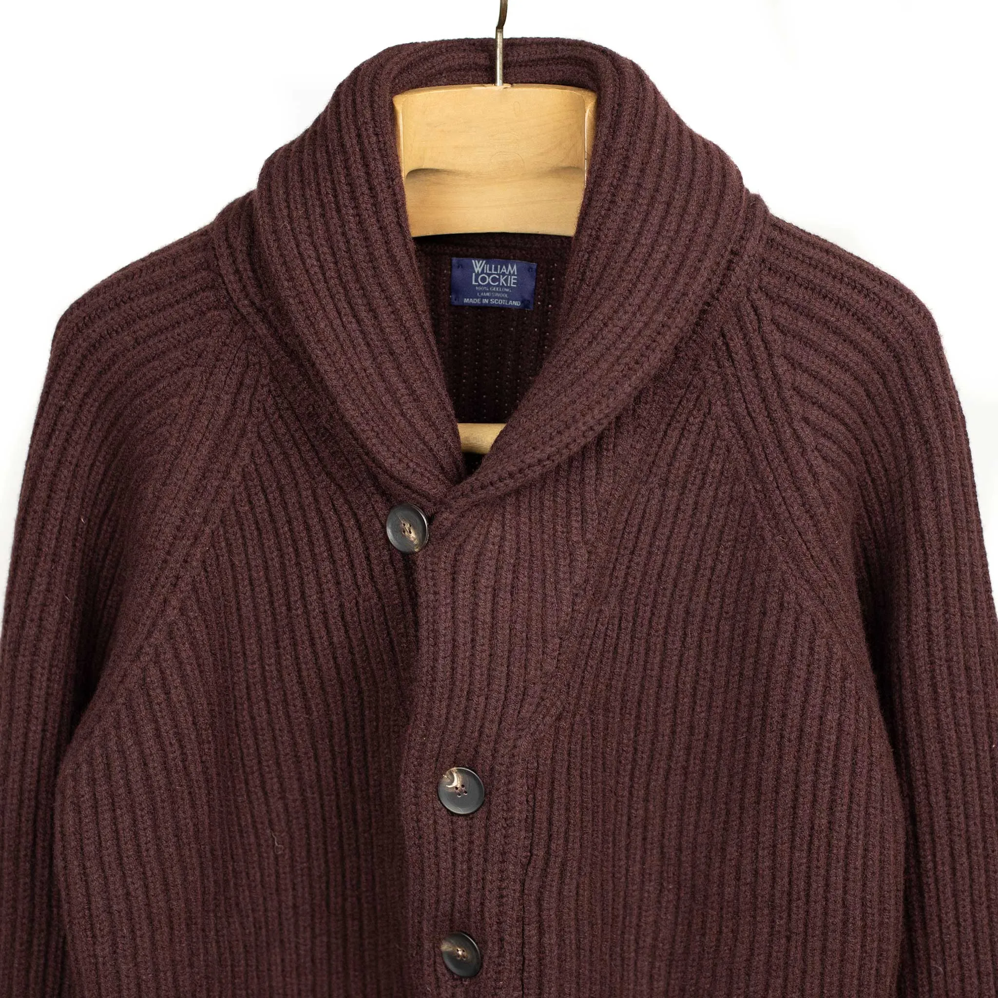 Shawl collar 4-ply cardigan jacket in Mustang brown supergeelong lambswool