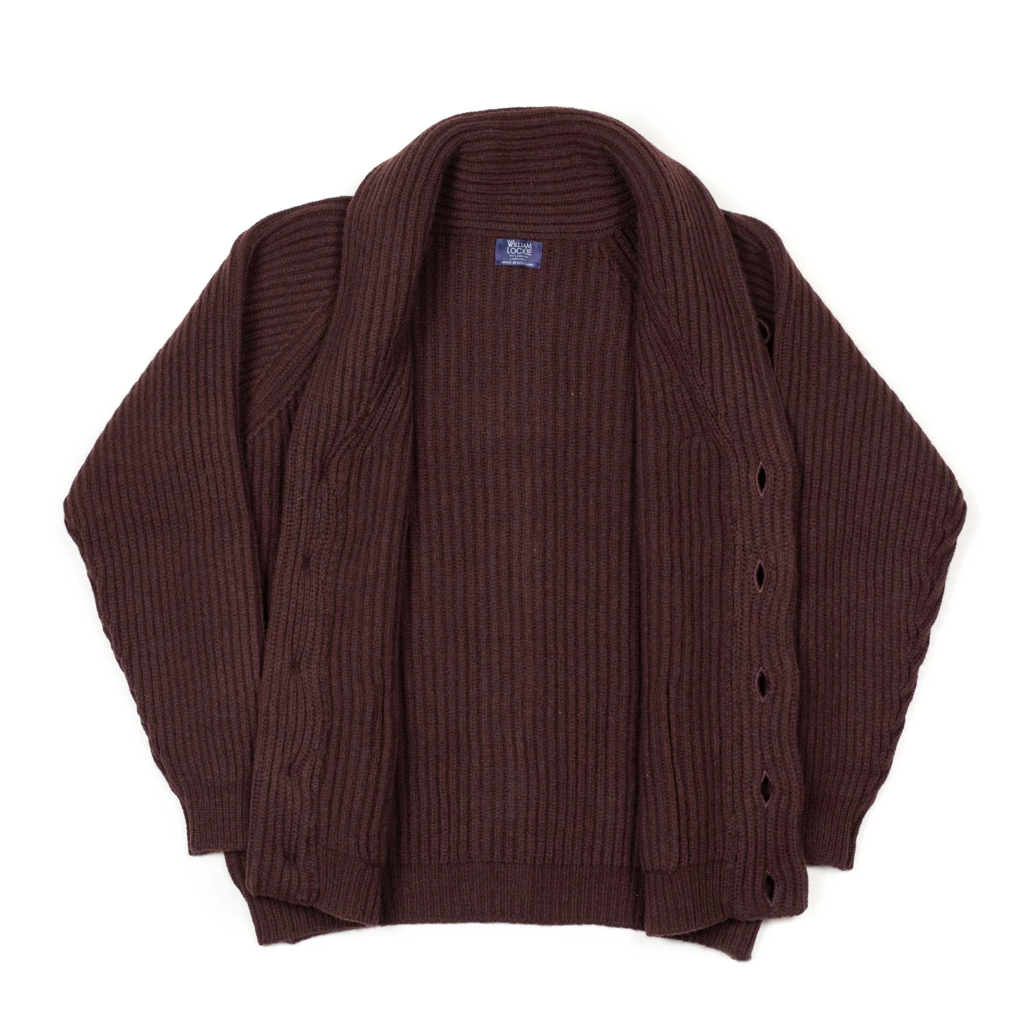 Shawl collar 4-ply cardigan jacket in Mustang brown supergeelong lambswool