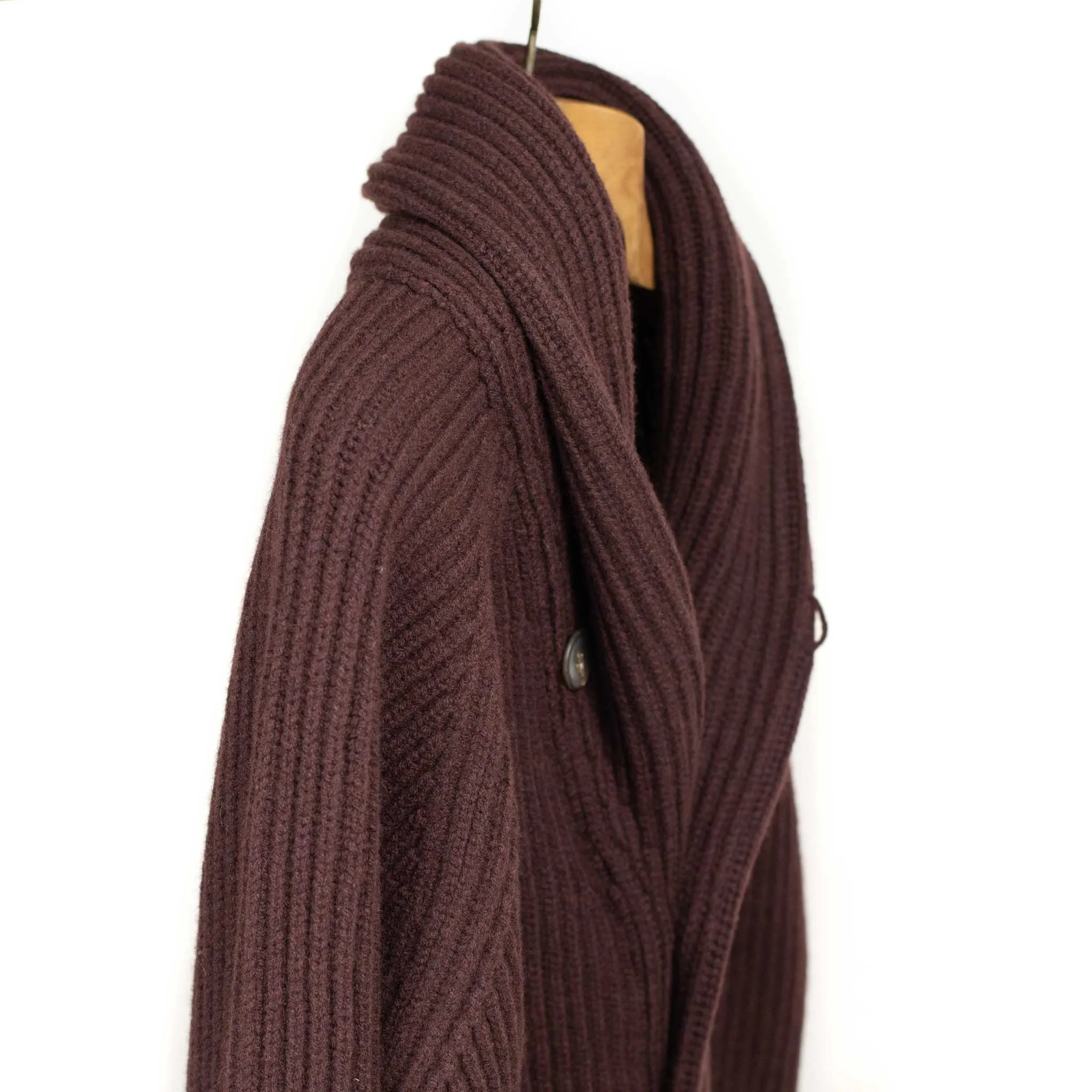 Shawl collar 4-ply cardigan jacket in Mustang brown supergeelong lambswool