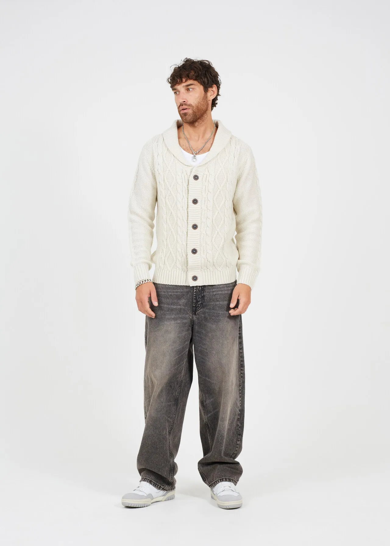 SHAWL NECK CARDIGAN WITH CABLE KNIT DETAIL