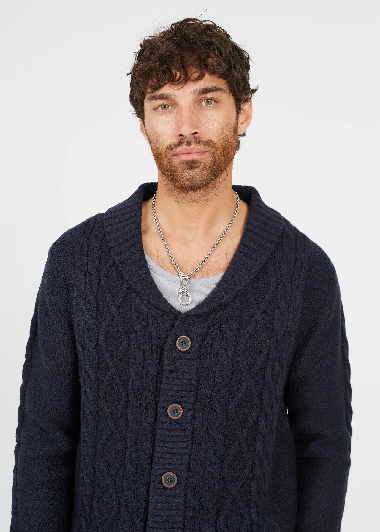 SHAWL NECK CARDIGAN WITH CABLE KNIT DETAIL