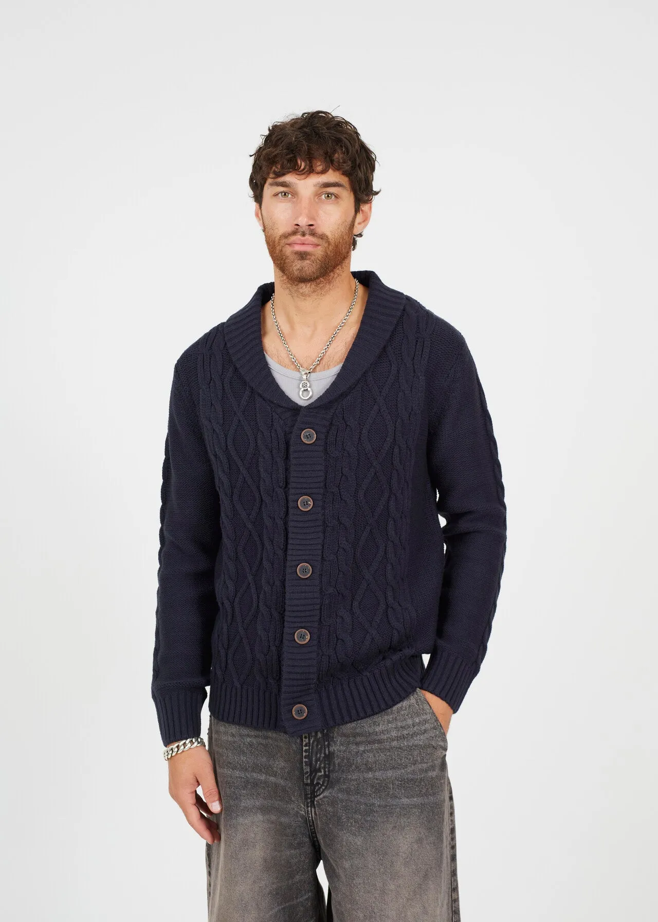 SHAWL NECK CARDIGAN WITH CABLE KNIT DETAIL