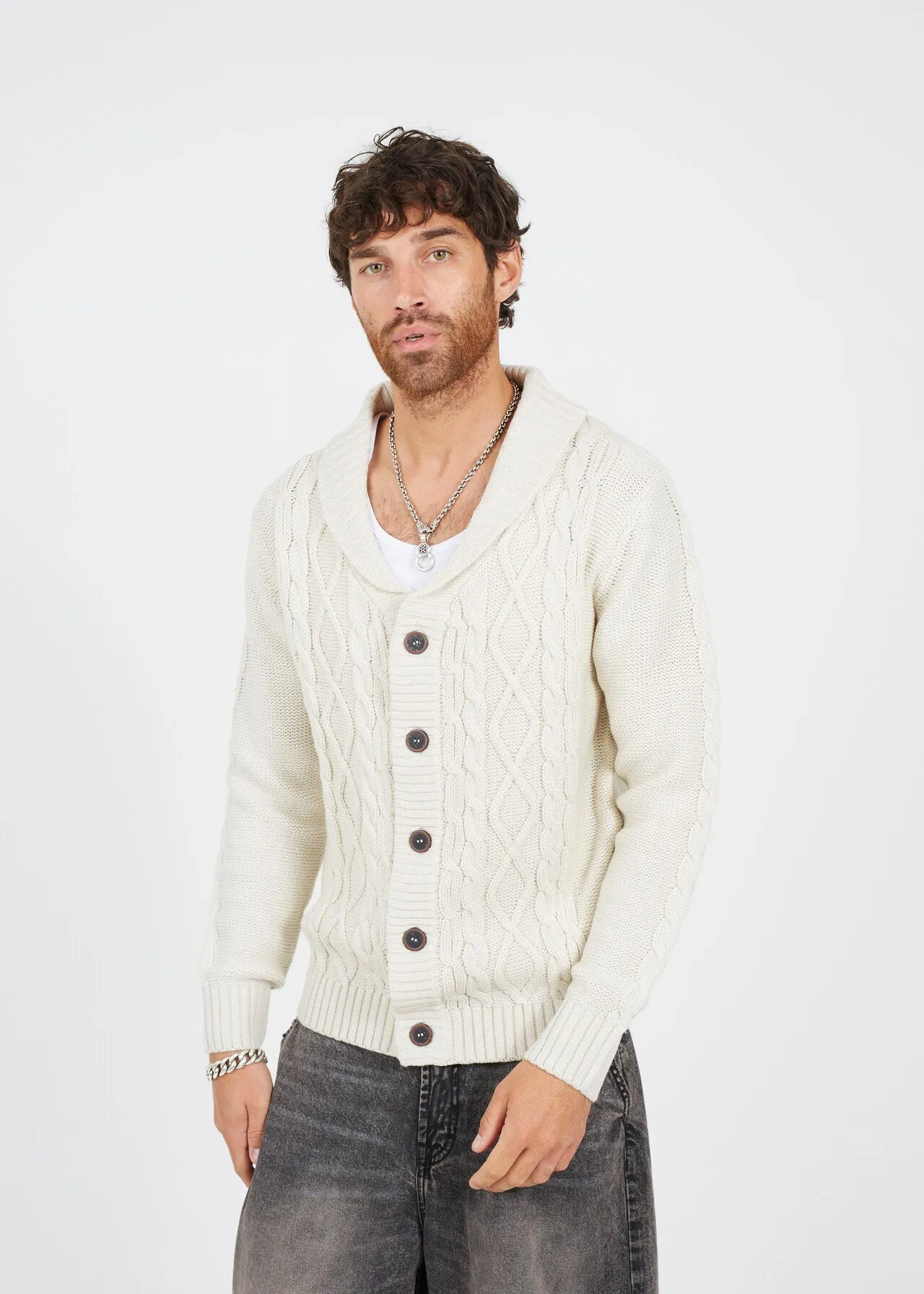 SHAWL NECK CARDIGAN WITH CABLE KNIT DETAIL