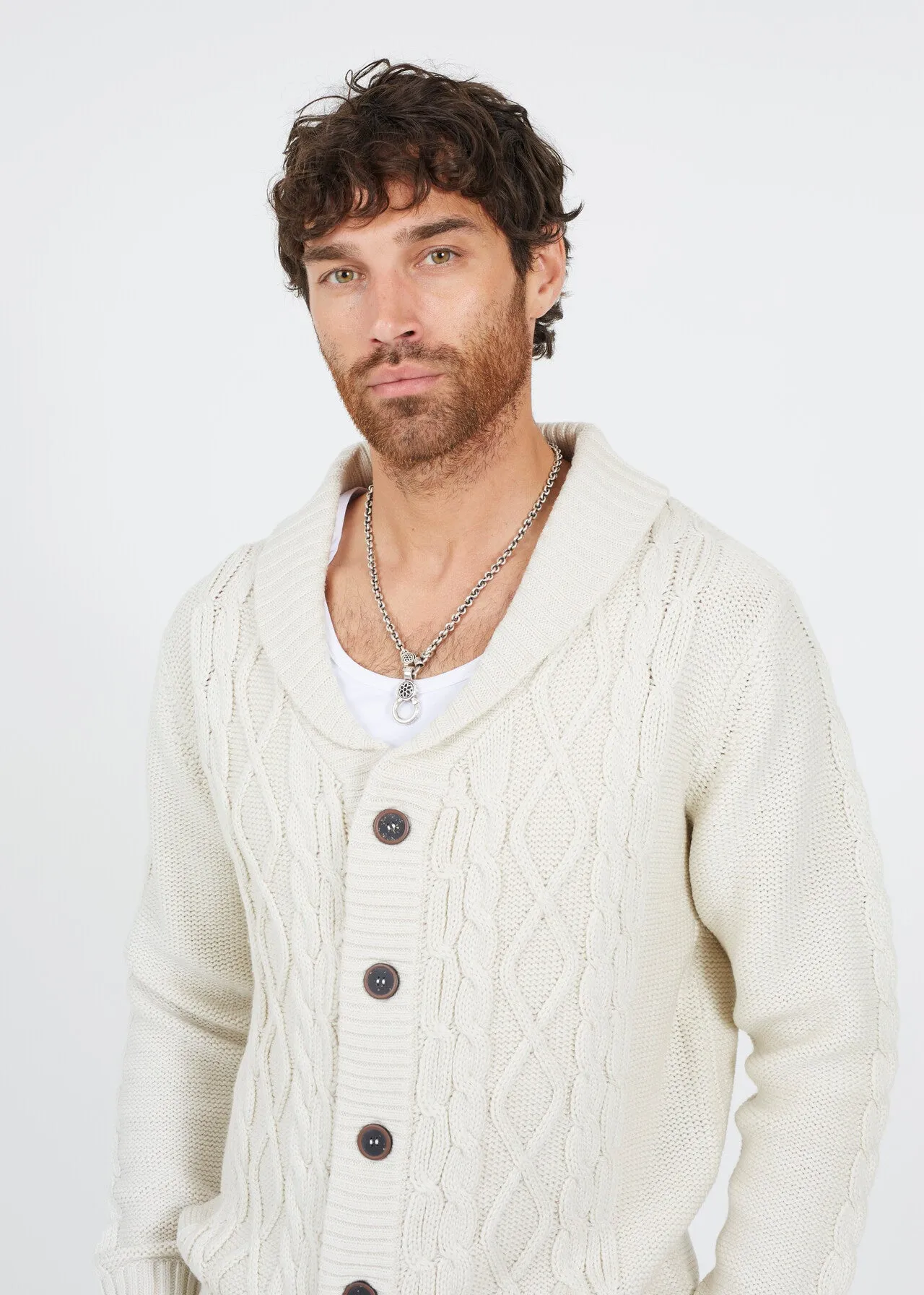 SHAWL NECK CARDIGAN WITH CABLE KNIT DETAIL