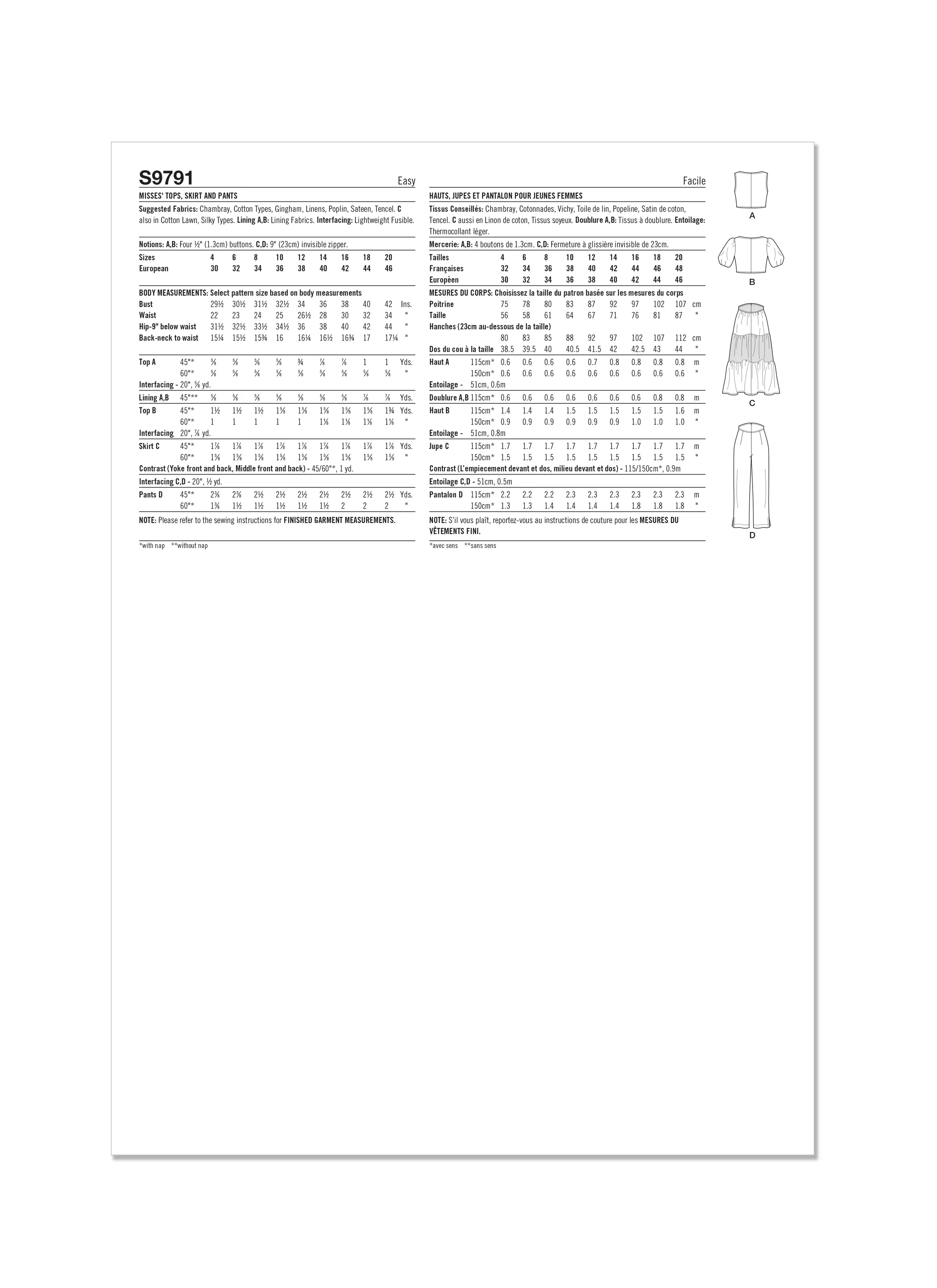 Simplicity Pattern 9791 Misses' Tops, Skirt and Pants