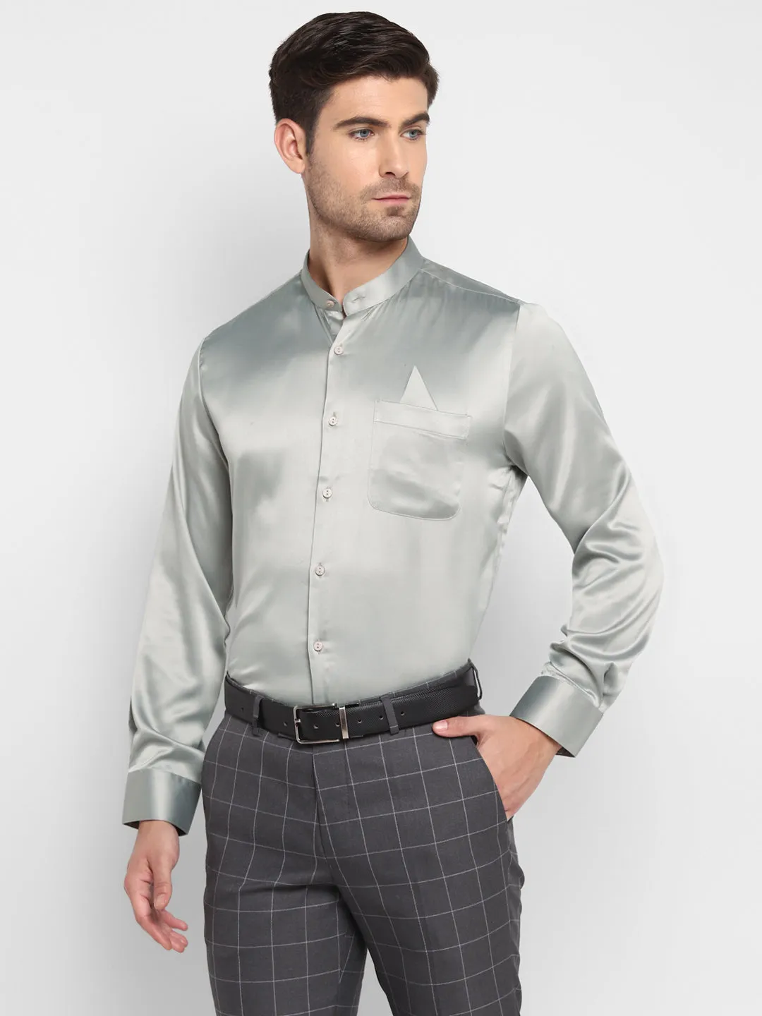 Turtle Men Grey Satin Solid Regular Fit Shirts