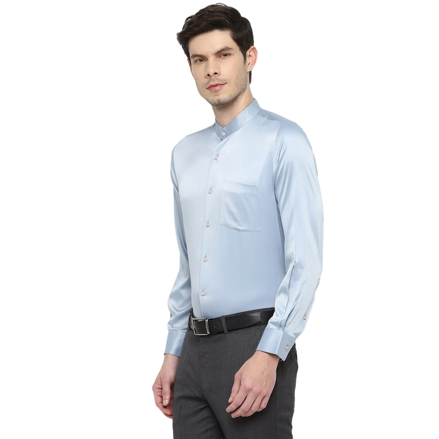 Turtle Men Sky Blue Satin Solid Regular Fit Shirts