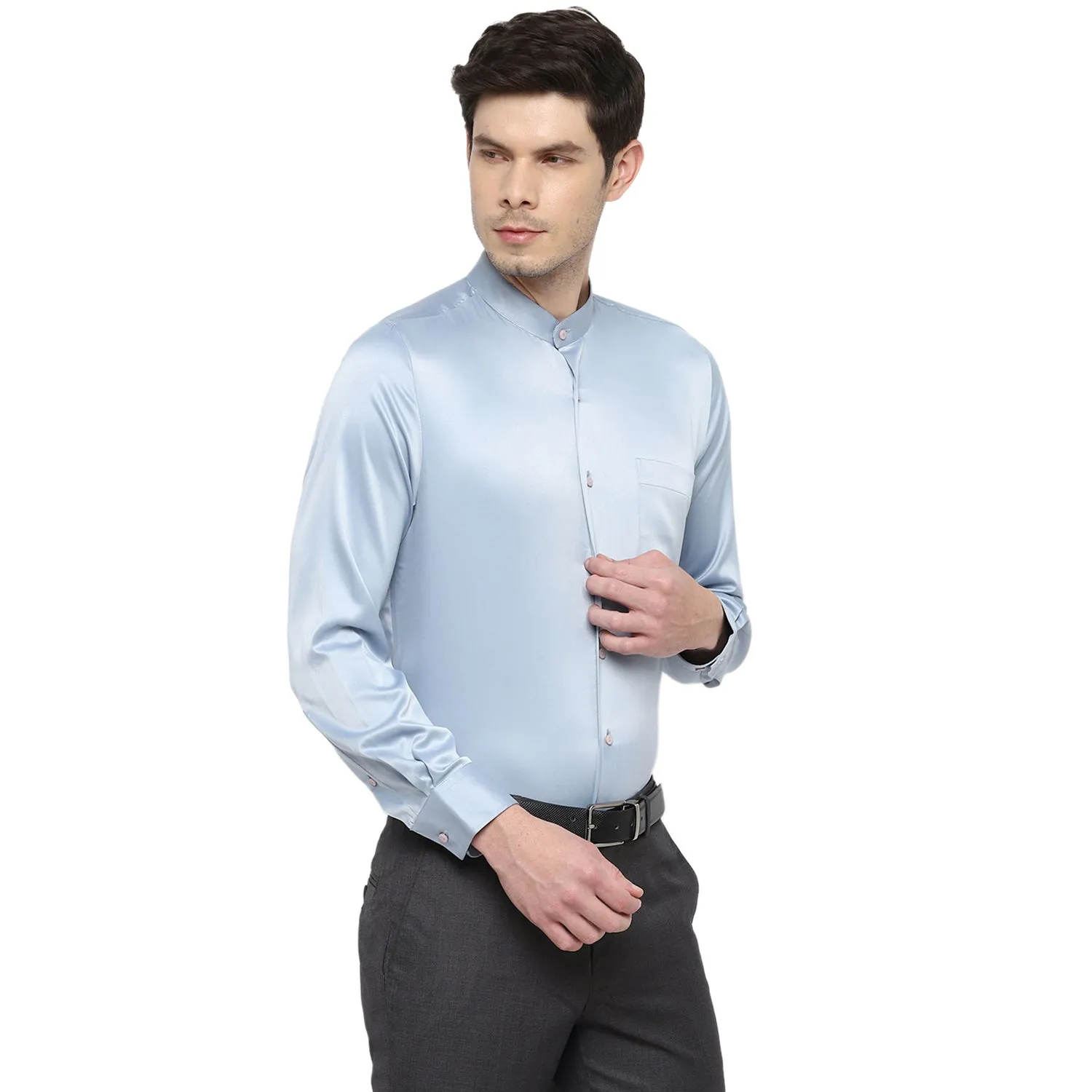 Turtle Men Sky Blue Satin Solid Regular Fit Shirts