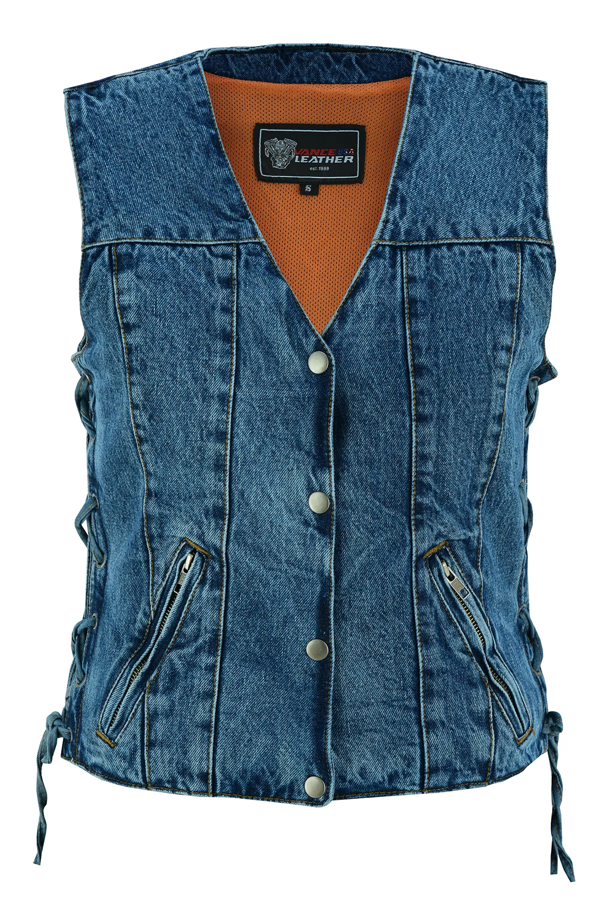 VB1045BL Women's Blue Denim V Neck Vest with Snap opening & side laces