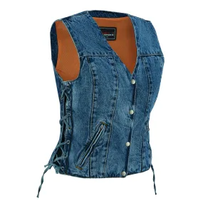 VB1045BL Women's Blue Denim V Neck Vest with Snap opening & side laces