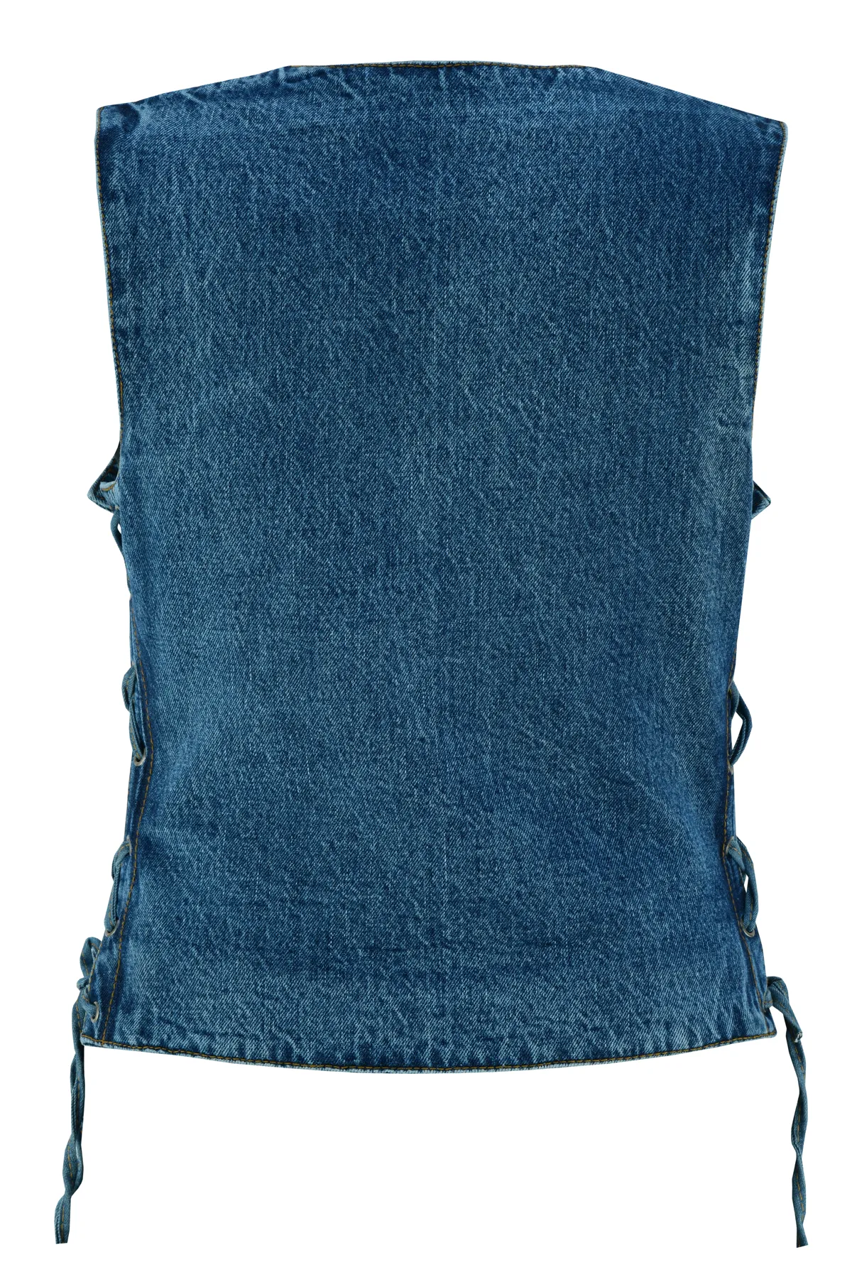 VB1045BL Women's Blue Denim V Neck Vest with Snap opening & side laces