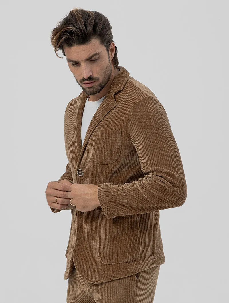 VELVET SINGLE BREASTED BLAZER IN CAMEL