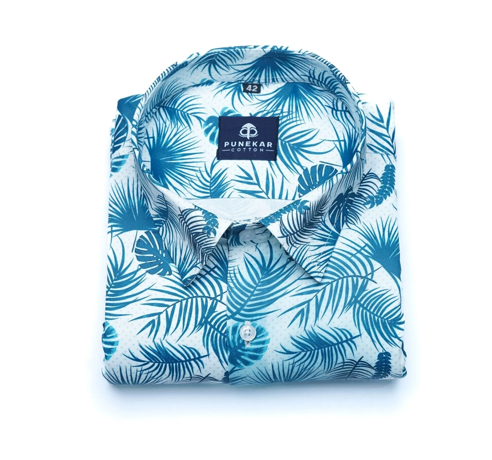 White Blue Color Leaf printed Shirt For Men