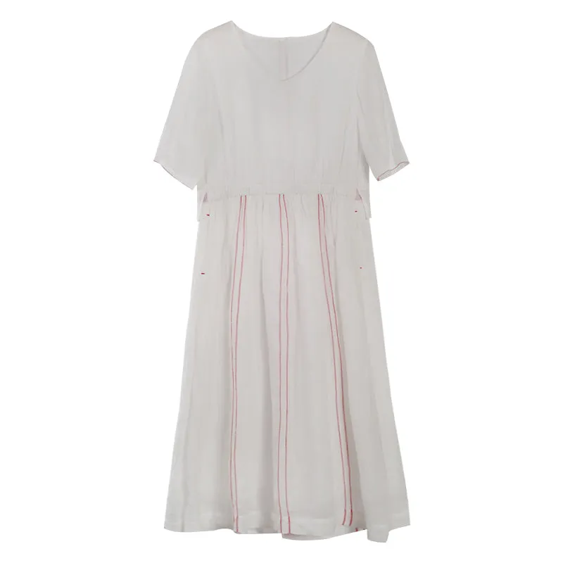 White Linen Dresses Summer Women Dresses With Red Stripe WC961803