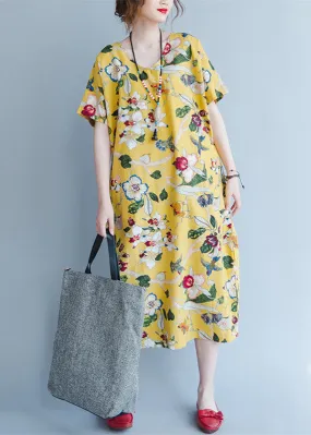 women yellow Midi linen dresses trendy plus size traveling clothing vintage back open floral cotton dresses